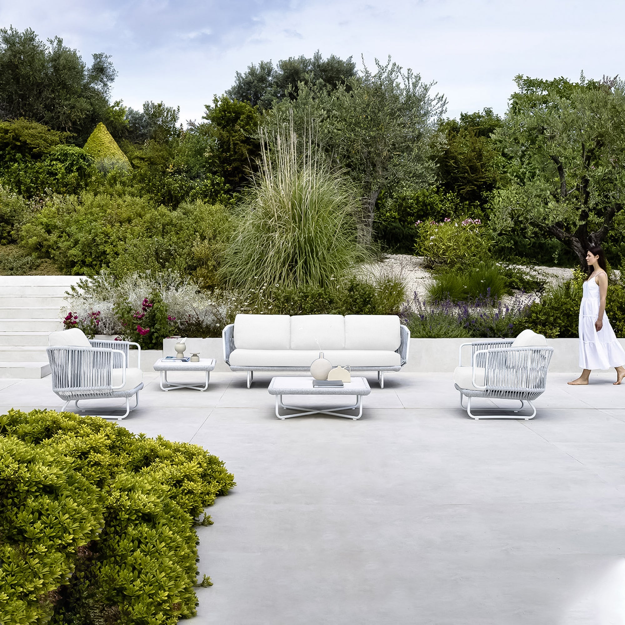 Astor Outdoor Garden Balcony Sofa Set 3 Seater , 2 Single Seater and 1 Center Table Set Braid & Rope (Grey-Off White)