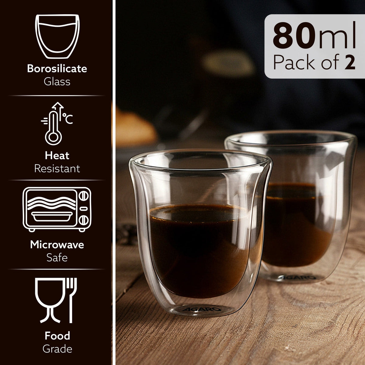 AGARO Elite Double Wall Glass Espresso Cups 80ml, Pack of 2 | Premium Borosilicate, Heat Resistant, Ideal for Coffee, Te