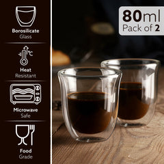 AGARO Elite Double Wall Glass Espresso Cups 80ml, Pack of 2 | Premium Borosilicate, Heat Resistant, Ideal for Coffee, Te