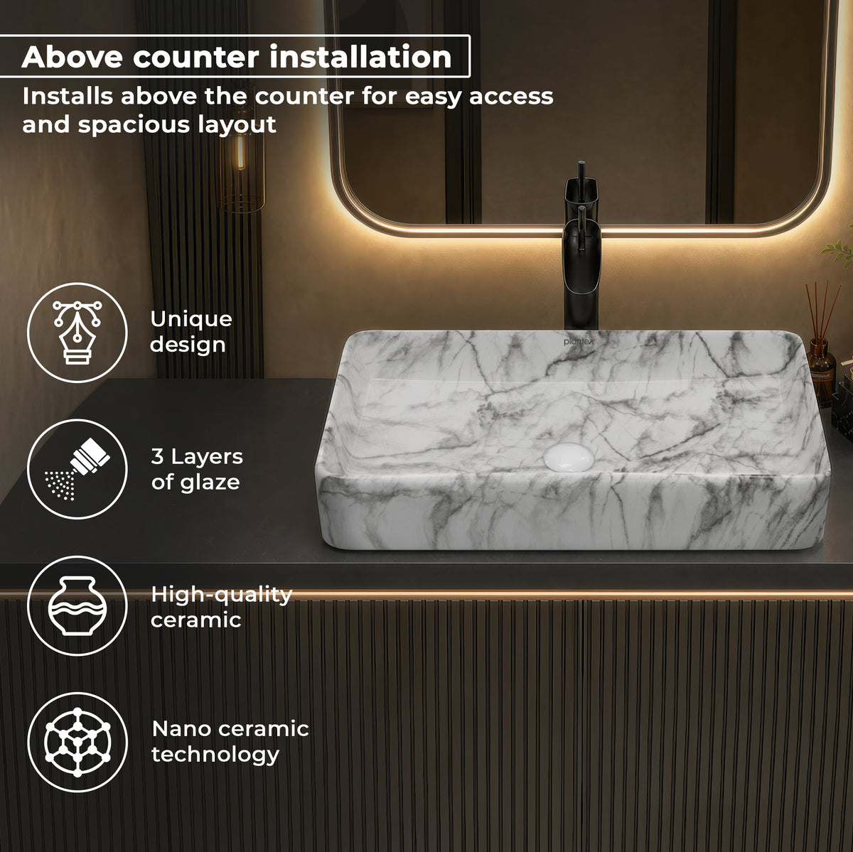 Plantex Table Top Marble Finish Basin/Ceramic Washbasin for Bathroom/Countertop Wash Basin for Home/hotel/Restaurant (24 x 13 x 5 Inch)-5