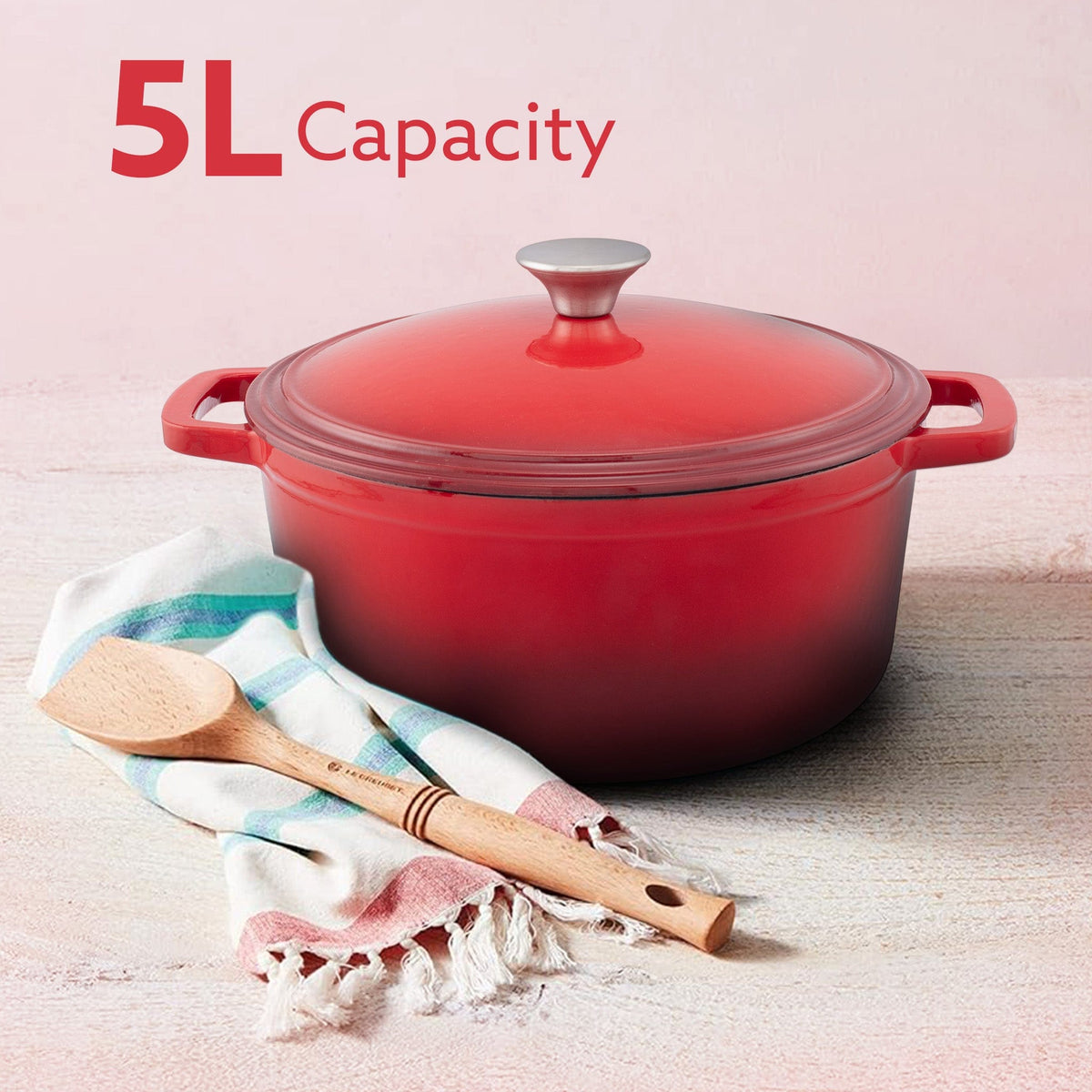 AGARO Royal Enamelled Cast Iron 5L Casserole with Lid, Cooking Pot, No Chemical Coating, Fast Heat, Heavy Weight, Gas & 