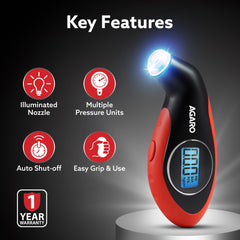 AGARO Digital Tyre Pressure Gauge, 0–150 PSI, 4 Units, Backlit LCD, Non-Slip Grip & LED Nozzle, Portable Tyre Pressure C