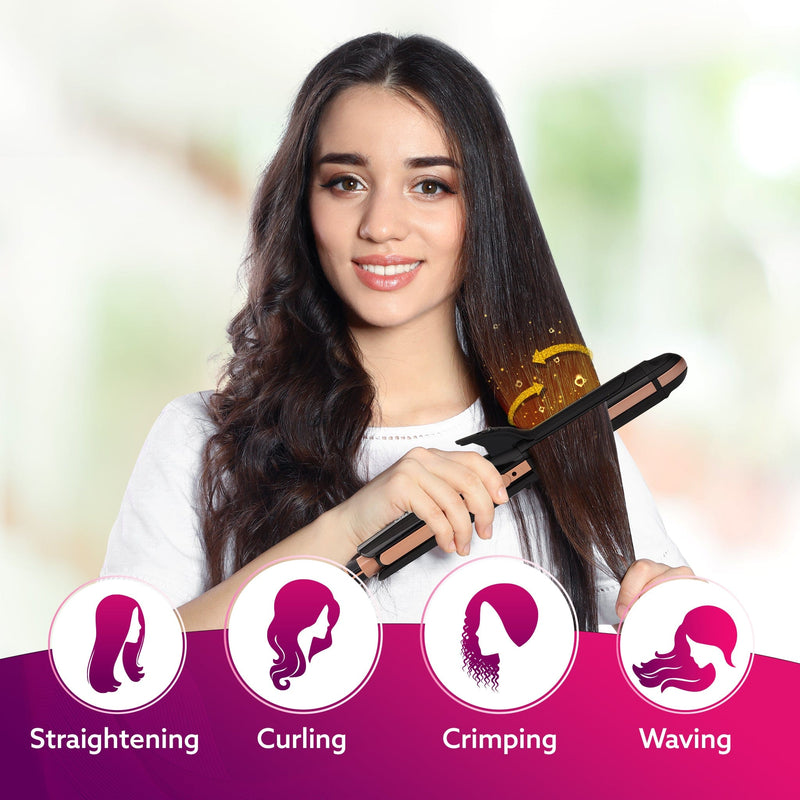 AGARO 4 in1 ஹேர் ஸ்ட்ரைட்டனர், அலை அலையான ஹேர், க்ரிம்பர், கர்லர், ஹேர் ஸ்டைலர், கெரட்டின் உட்செலுத்தப்பட்ட செராமிக் கோடட் பிளேட், மாறக்கூடிய ஸ்டைல் அமைப்புகள், ஹேர் ஸ்டைலிங், கருப்பு &amp; ரோஸ் கோல்ட், HS1719 -3