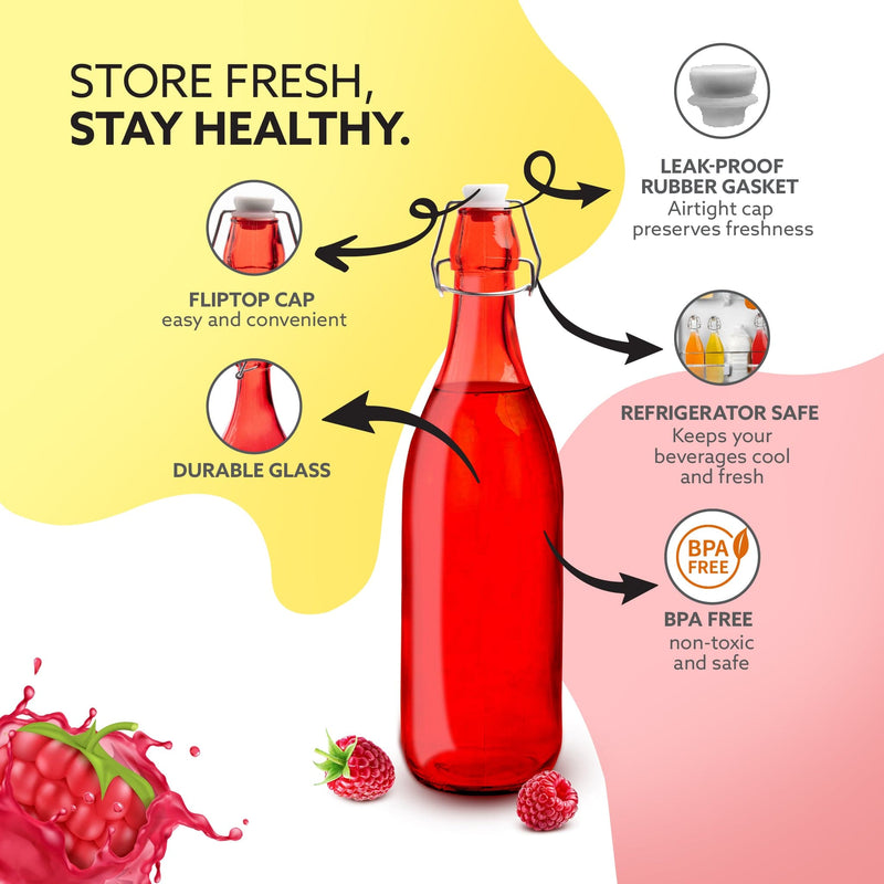 AGARO Elegant Flip Top Glass Bottle 1L, 1000ml, Freezer Safe & Leakproof Flip Cap Colour & Stylish