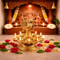Brass Peacock Eight Petal Diya (5.5 Inch)