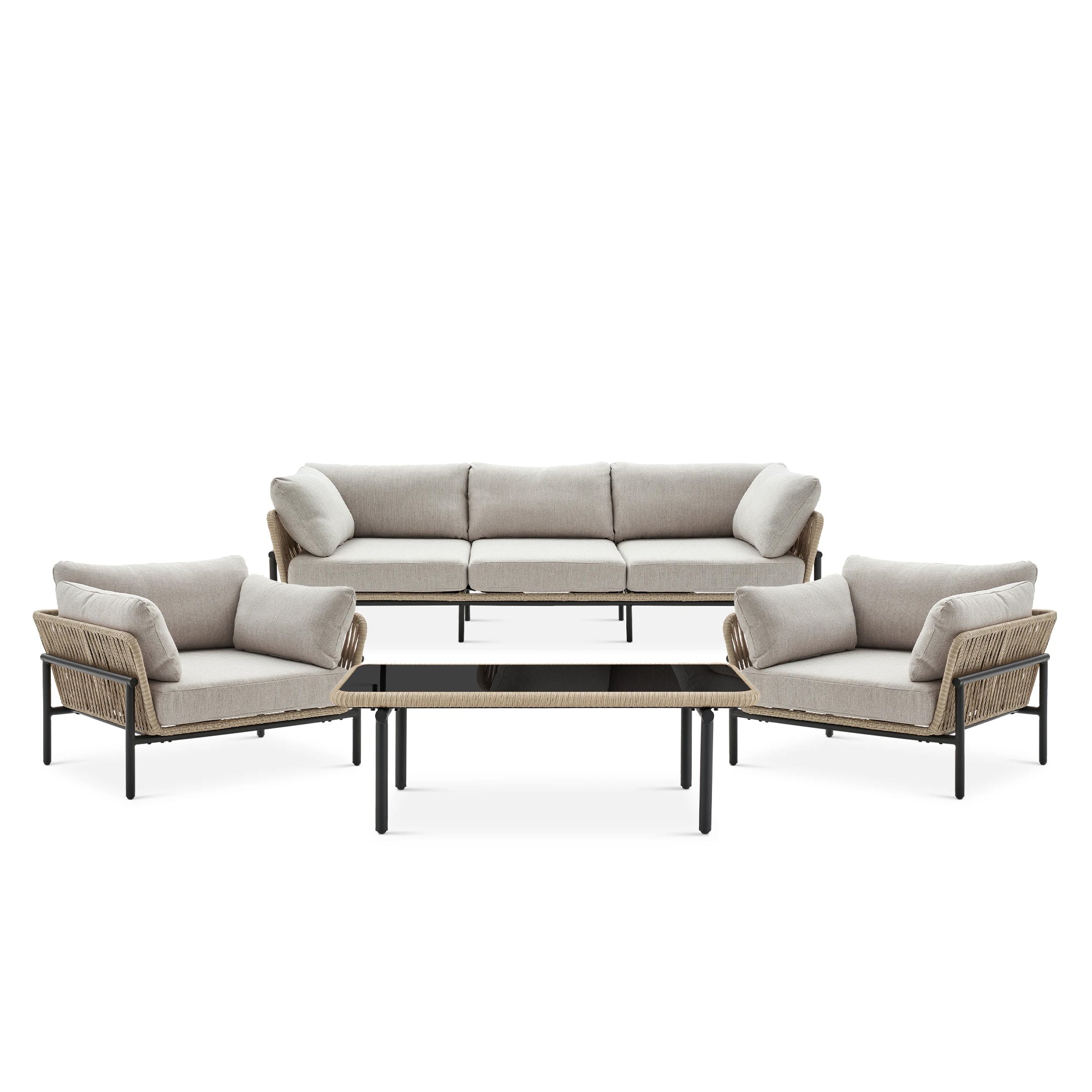 Arturo Outdoor Garden Balcony Sofa Set 3 Seater , 2 Single Seater and 1 Center Table Set Braid & Rope (Beige)