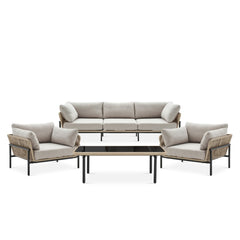 Arturo Outdoor Garden Balcony Sofa Set 3 Seater , 2 Single Seater and 1 Center Table Set Braid & Rope (Beige)