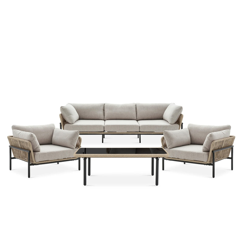 Arturo Outdoor Garden Balcony Sofa Set 3 Seater , 2 Single Seater and 1 Center Table Set Braid & Rope (Beige)