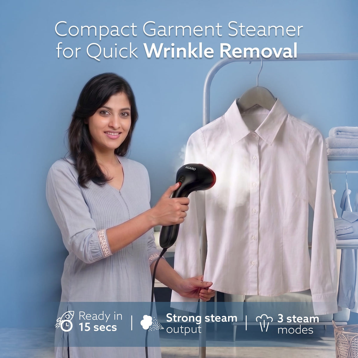 AGARO Elite Garment Steamer - 1500W Steamer for Ironing Clothes - 25g/min, 3 Steam Modes, 100ml Tank, Compact & Lightweight, Travel Friendly, For All Fabric-2