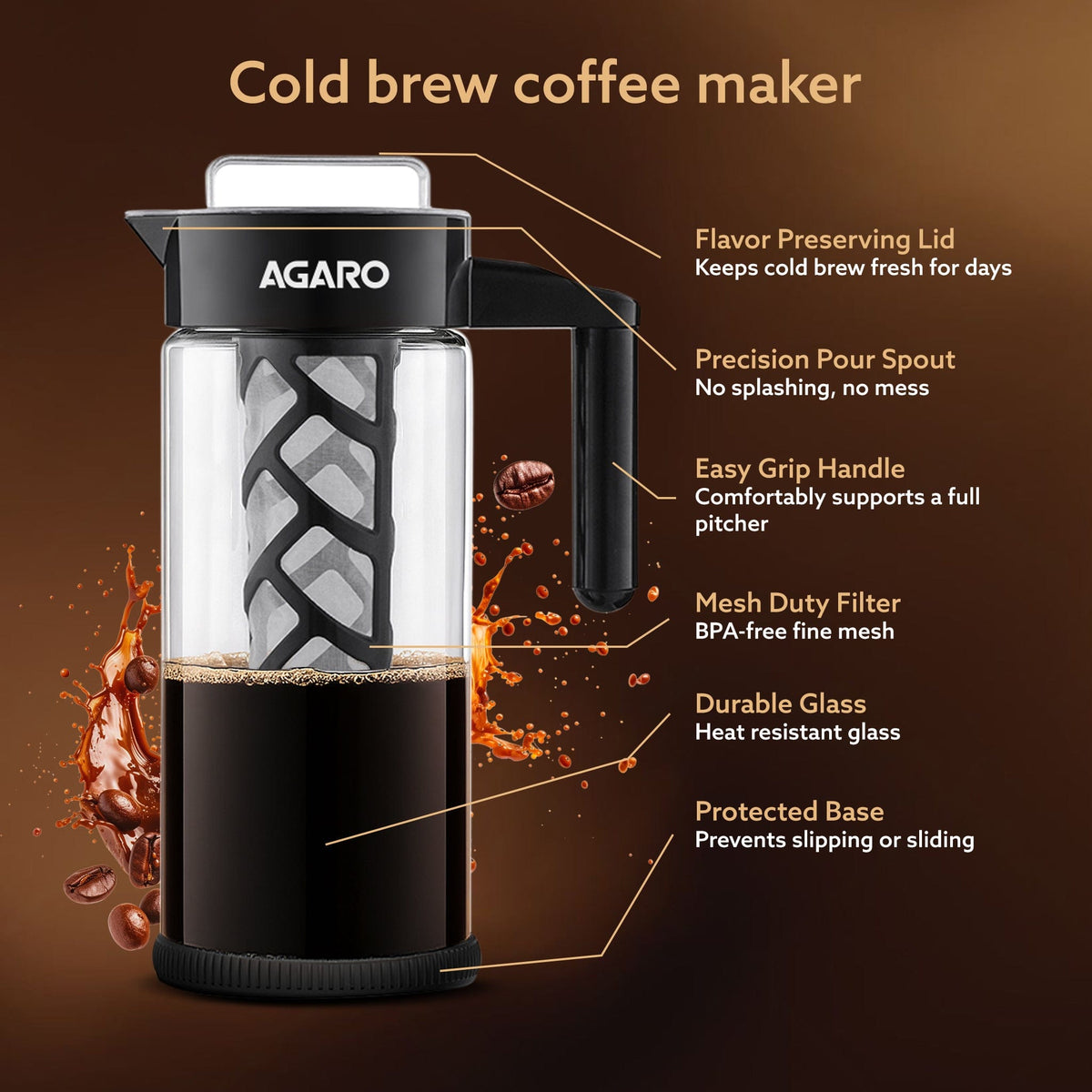 AGARO Regal Iced Brew Coffee Maker & Iced Tea Brewer – 1.3 L Borosilicate Glass Pitcher, Food Graded BPA Free Silicon wi