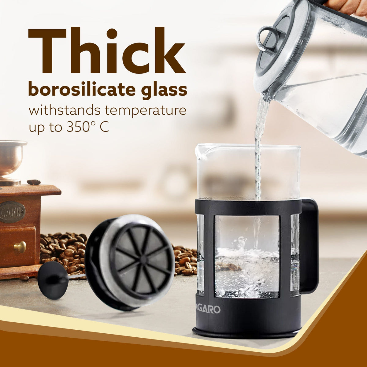 AGARO Delite French Press Coffee And Tea Maker, Borosilicate Glass Body With Sleeves, Glass Carafe, BPA Free Plastic Lid
