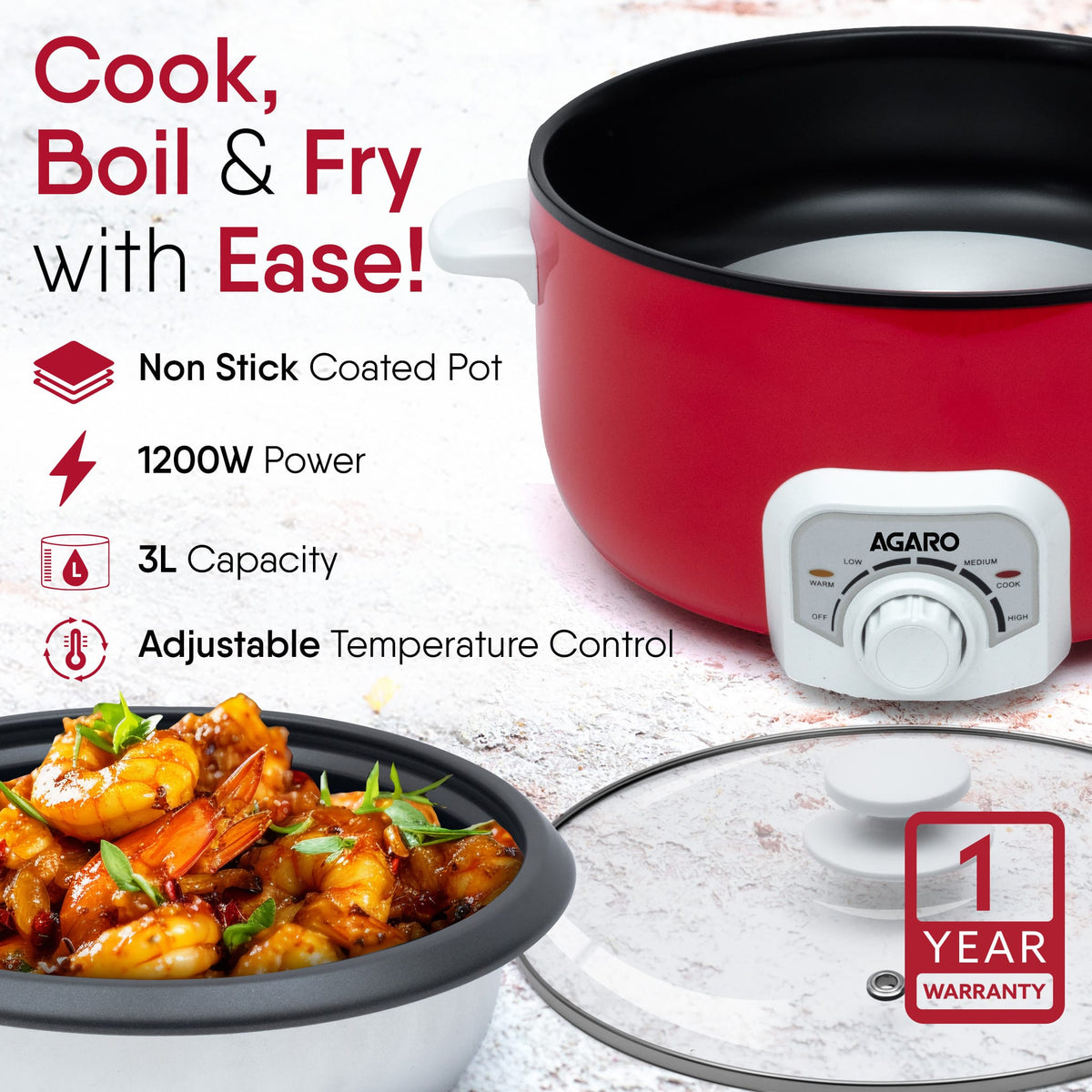 AGARO Regal Electric Multi Cooking Pot, 3L, 1200W, Automatic Boiler, Steamer, Fryer, Aluminium Pot, Glass Lid, Adjustabl