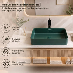 Plantex Ceramic Basin/Tabletop Wash Basin for Bathroom/Rectangle Over Counter Vessel Sink for Restaurant/Hotel (Matt Green, 24 x 14 x 4.5 Inch)-5