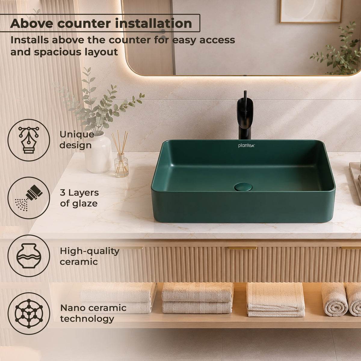 Plantex Ceramic Basin/Tabletop Wash Basin for Bathroom/Rectangle Over Counter Vessel Sink for Restaurant/Hotel (Matt Green, 24 x 14 x 4.5 Inch)-5