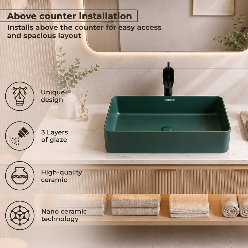 Plantex Ceramic Basin/Tabletop Wash Basin for Bathroom/Rectangle Over Counter Vessel Sink for Restaurant/Hotel (Matt Green, 24 x 14 x 4.5 Inch)-5