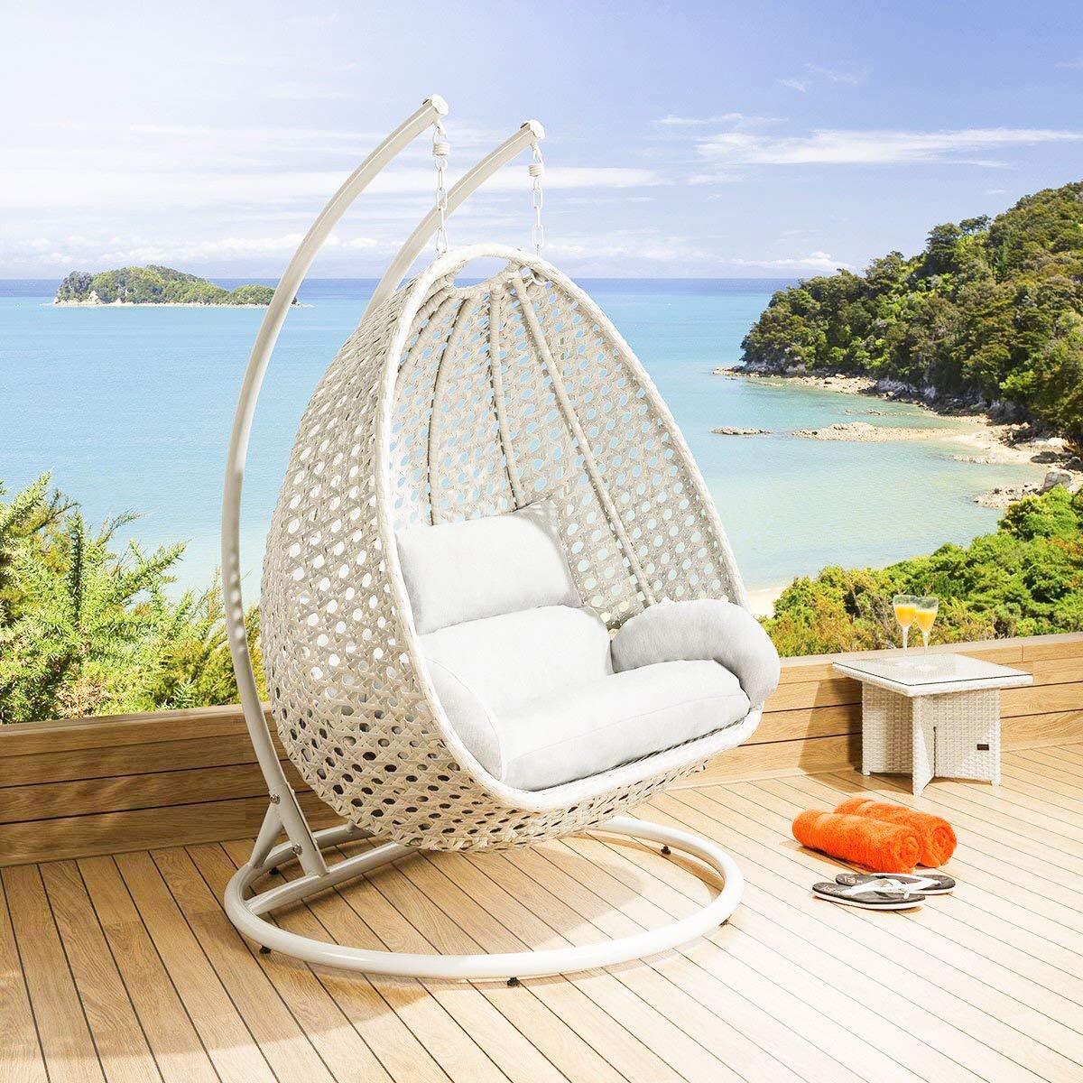 Fulvia Double Seater Hanging Swing With Stand For Balcony , Garden Swing (White)