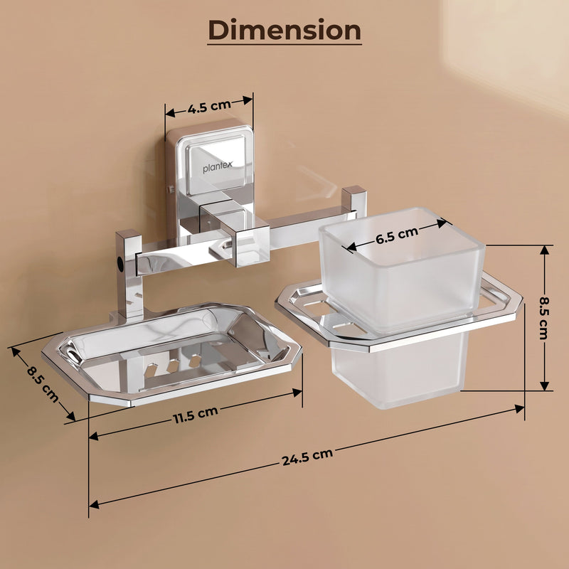 Plantex 304 Grade Stainless Steel 2in1 Soap Holder with Tumbler Holder/Wall Mounted Stand/Bathroom Accessories - Darcy (Chrome)-2