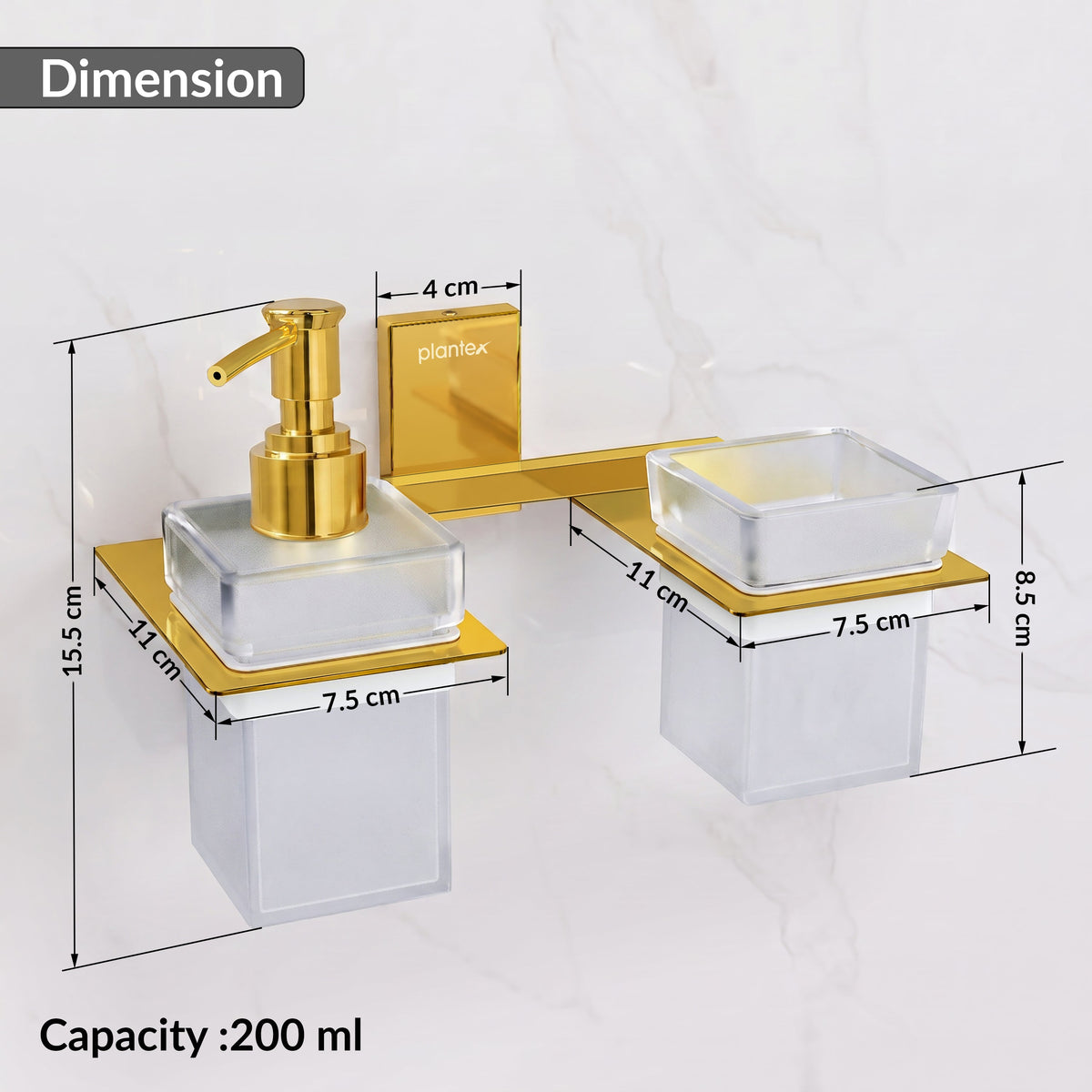 Plantex 304 Grade Stainless Steel Glass Liquid Dispenser with Tumbler Holder/Toothbrush Holder/Shampoo Dispenser for Washbasin/Kitchen/Bathroom Accessories - Pack of 1 (Crystal, PVD Gold)-2