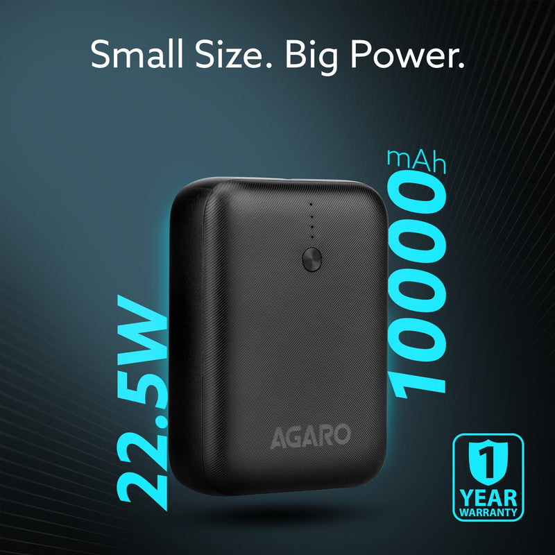 AGARO Nano Power Bank 10000 mAh, 22.5W Power Delivery for Smartphones, Portable, USB A & C Output, USB C Input, Fast Cha