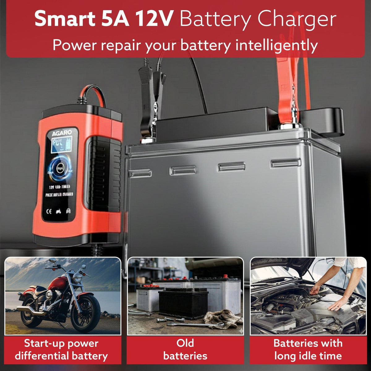 AGARO Car Battery Charger, 12V, 5A, Fully Automatic, Smart Car & Bike Battery Charger & Maintainer, Pulse Repair, LCD Di