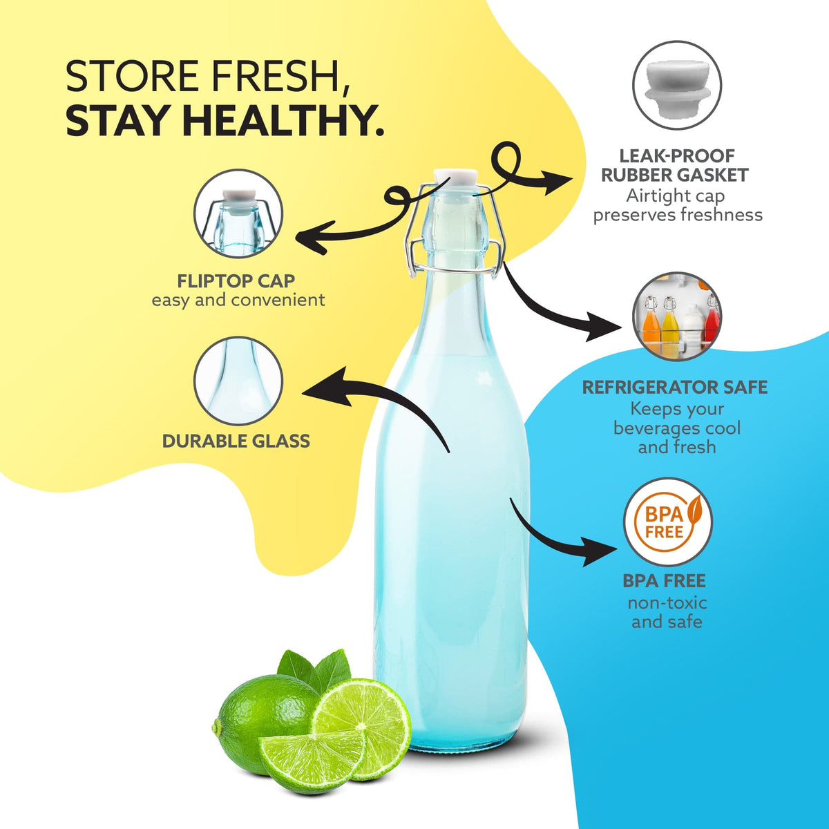 AGARO Elegant Flip Top Glass Bottle 1L, 1000ml, Freezer Safe & Leakproof Flip Cap Colour & Stylish
