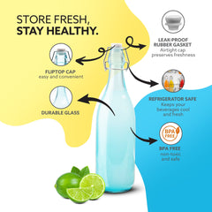 AGARO Elegant Flip Top Glass Bottle 1L, 1000ml, Freezer Safe & Leakproof Flip Cap Colour & Stylish