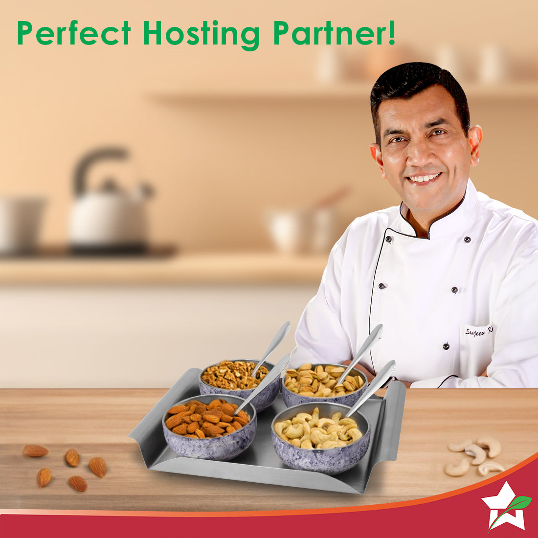 Wonderchef Modena Stainless-steel 9 Pc. Condiment Set, 4 Bowls, 4 Spoons, 1 Tray, Serve Dry Snacks, Chutneys, Dry Fruits