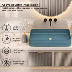 Plantex Ceramic Designer Washbasin for Bathroom/Countertop Bathroom Basin/Rectangle Tabletop Wash Basin for Restaurant/Hotel (Harmony Blue - 26 x 15 x 5 Inch)-4