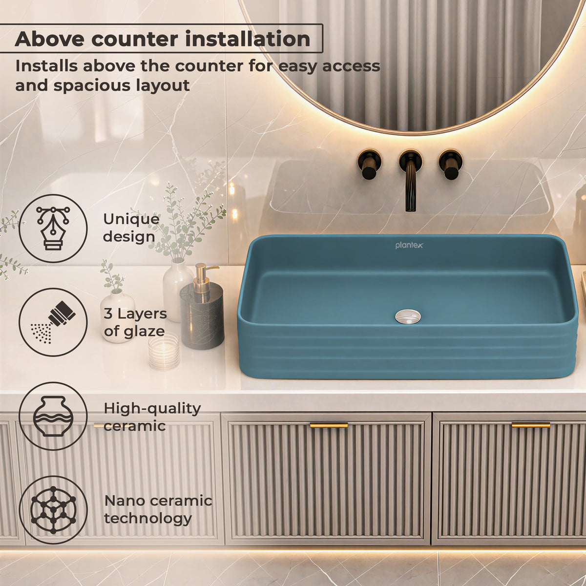 Plantex Ceramic Designer Washbasin for Bathroom/Countertop Bathroom Basin/Rectangle Tabletop Wash Basin for Restaurant/Hotel (Harmony Blue - 26 x 15 x 5 Inch)-4