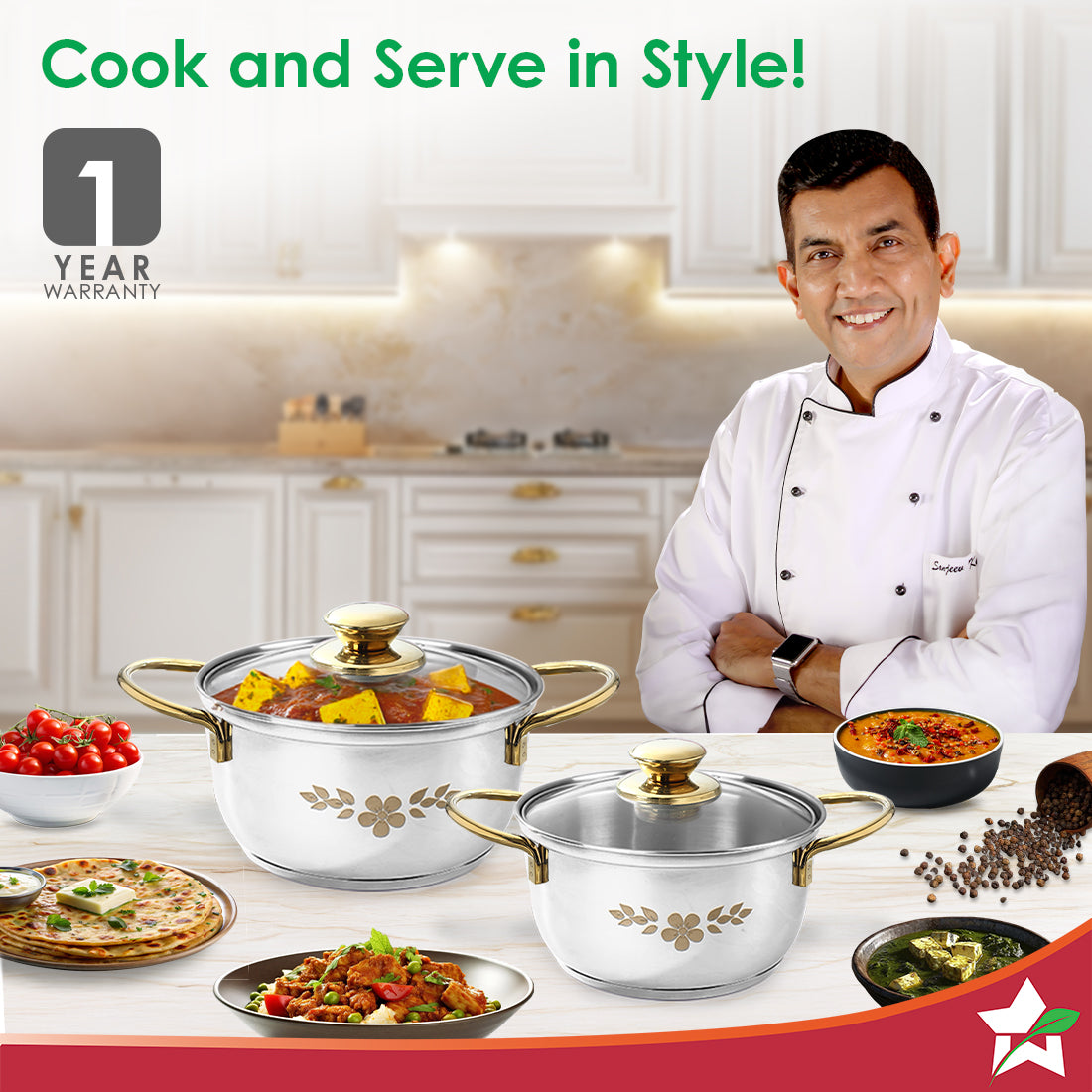 Wonderchef Gold Stanton 2 Pc Casserole Set with Glass Lids, 20 cm/22 cm, Chemical-free Food-grade Stainless-steel, Gold 