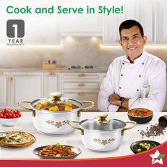 Wonderchef Gold Stanton 2 Pc Casserole Set with Glass Lids, 20 cm/22 cm, Chemical-free Food-grade Stainless-steel, Gold 