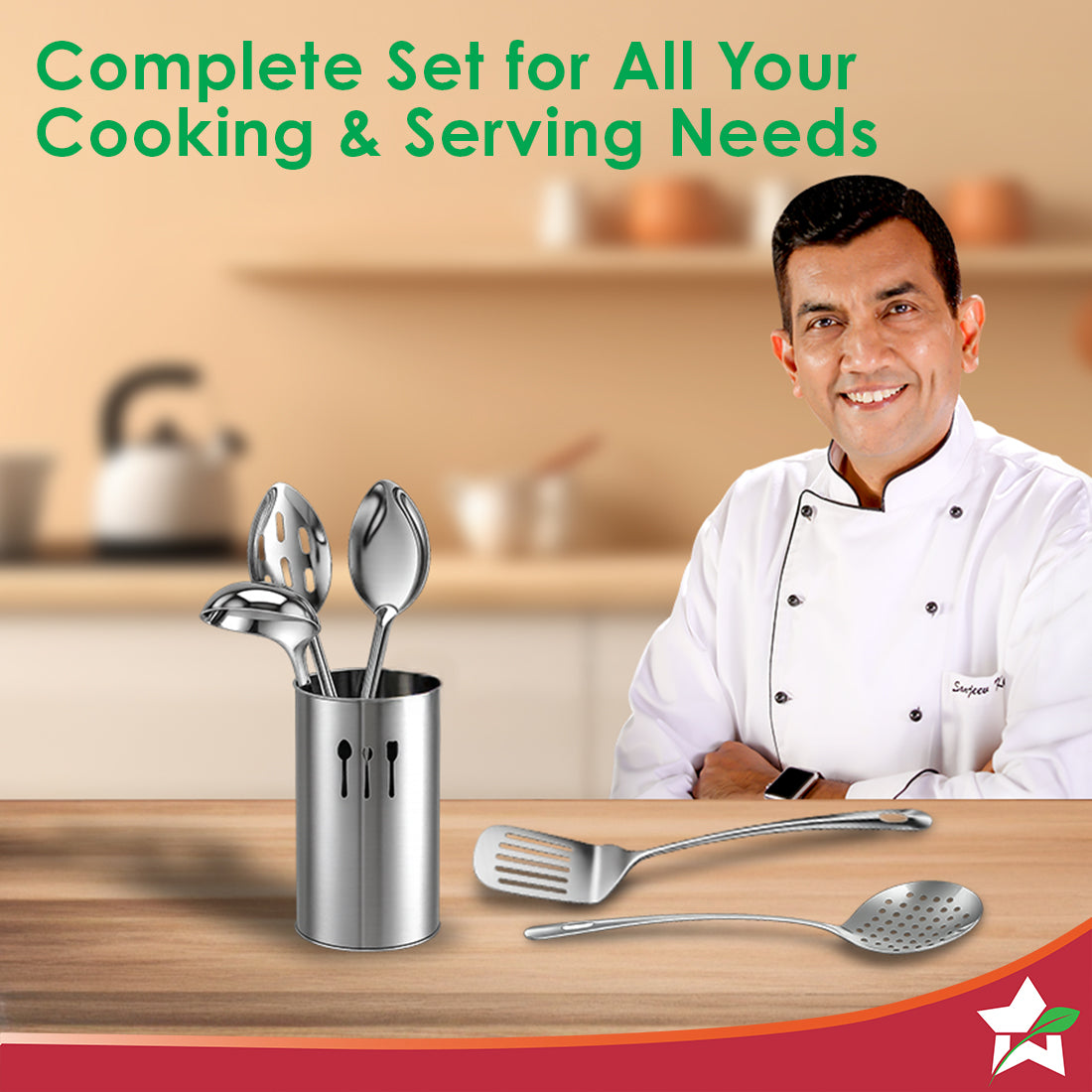 Wonderchef Venice 6 Pcs. Stainless-steel Kitchen Tools with Organiser Set, Includes Ladle, Slotted Turner, Skimmer, Serv