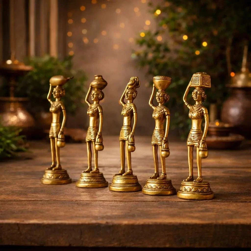 Brass Tribal Lady Statue Decor Set Of Five (7.5 Inch)