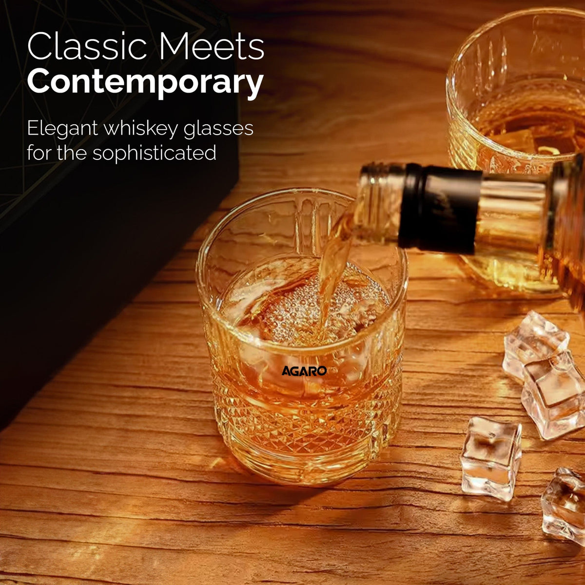 AGARO Elegant Whiskey Glass, Set of 6, 325ML, Crisscross Design, Crystal Clear, Perfect for Scotch, Whisky, Bourbon, Liq