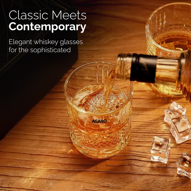 AGARO Elegant Whiskey Glass, Set of 6, 325ML, Crisscross Design, Crystal Clear, Perfect for Scotch, Whisky, Bourbon, Liq