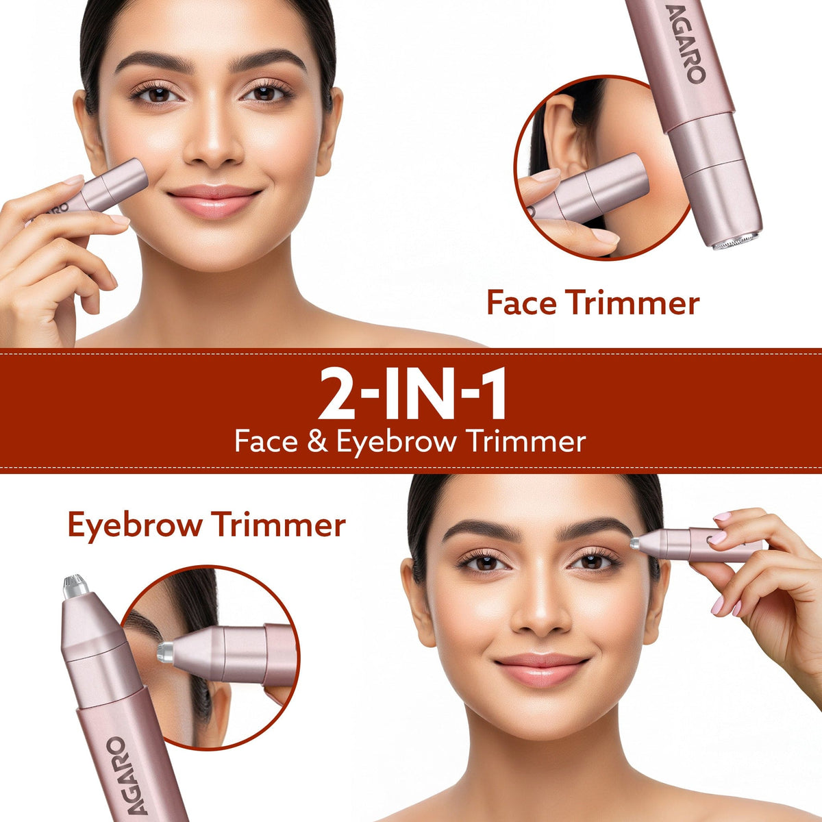 AGARO Facial Hair Remover |Eyebrow Trimmer FHR190 Rose Gold For Women, Rechargeable, Cordless, Safe & Painless Electric 