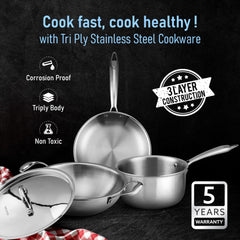 AGARO Regency Triply Cookware Set of 3, 24 cm Kadai with Stainless Steel Lid, 22 cm Frying Pan & 16 cm Saucepan-2