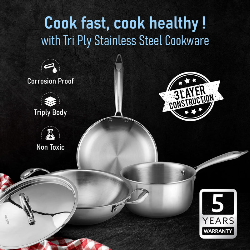 AGARO Regency Triply Cookware Set of 3, 24 cm Kadai with Stainless Steel Lid, 22 cm Frying Pan & 16 cm Saucepan-2