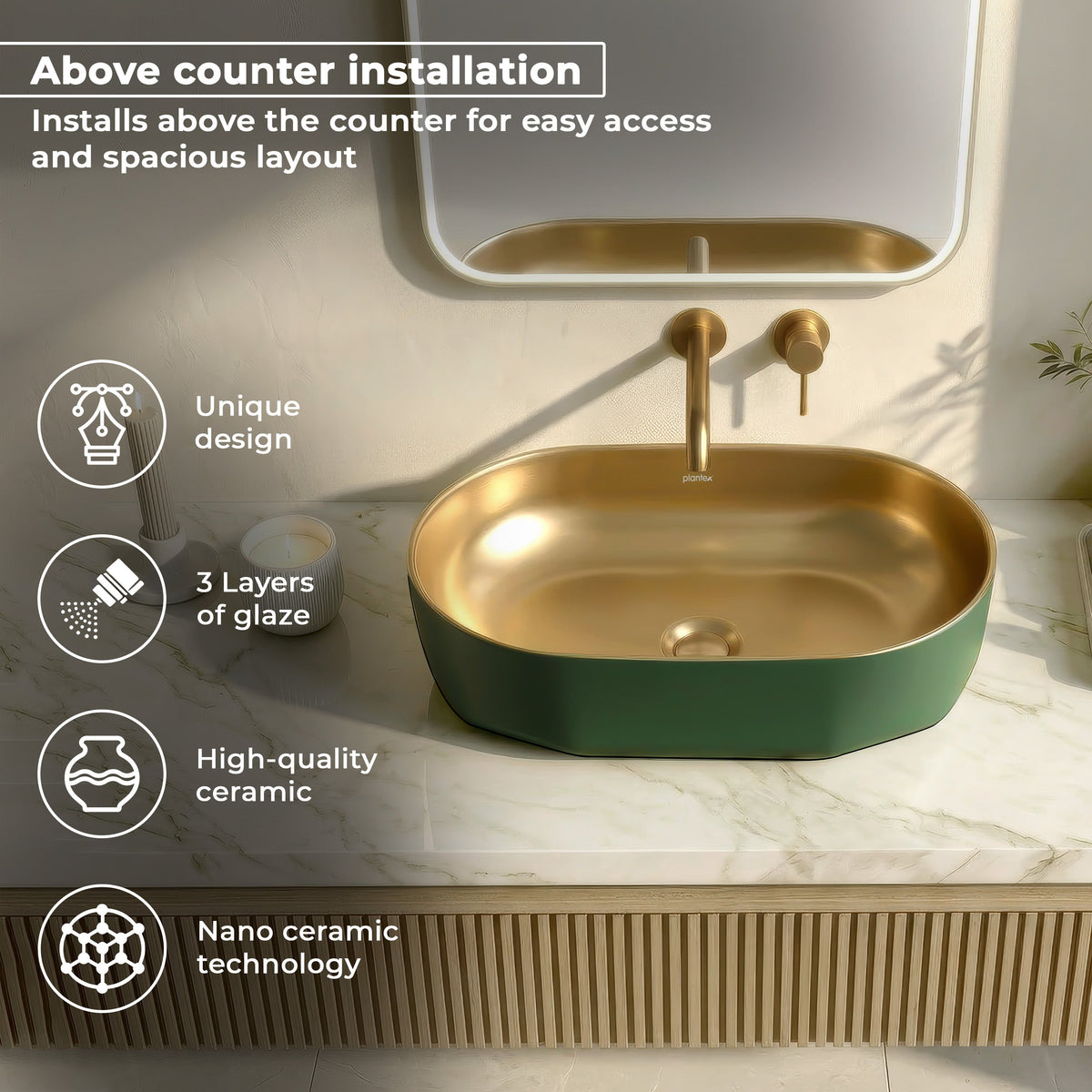 Plantex Designer Wash Basin for Bathroom/Ceramic Table Top Washbasin/Countertop Vessel Sink Basin - (Green Gold, 22 x 13 x 6 Inch)-4