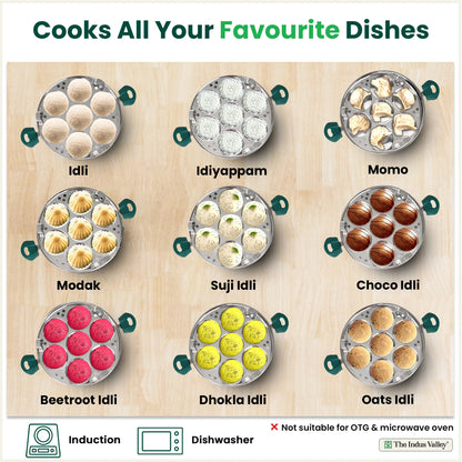 14 Pit Tri-Steel Multi Pot Premium Stainless Steel Idli/ Momo Maker/  Veg Steaming Set, Tri-ply Induction Bottom, 2 Plates, 27cm
