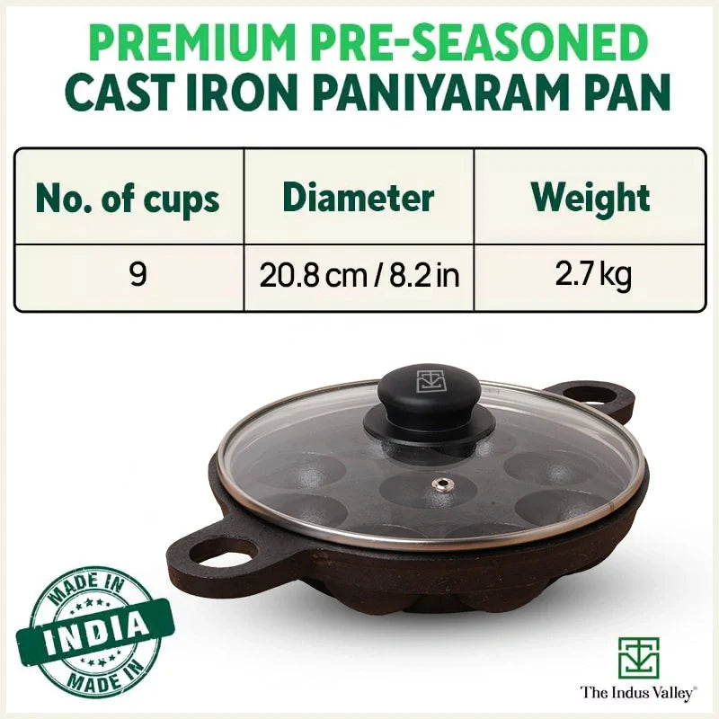 9 Pit/Cup CASTrong Cast Iron Paniyaram/Appe Pan+ Glass Lid, Pre-seasoned, Natural Nonstick, 100% Pure, Toxin-free, 21 cm, 2.7 kg