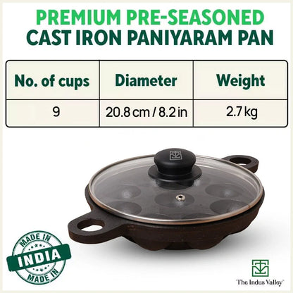 9 Pit/Cup CASTrong Cast Iron Paniyaram/Appe Pan+ Glass Lid, Pre-seasoned, Natural Nonstick, 100% Pure, Toxin-free, 21 cm, 2.7 kg