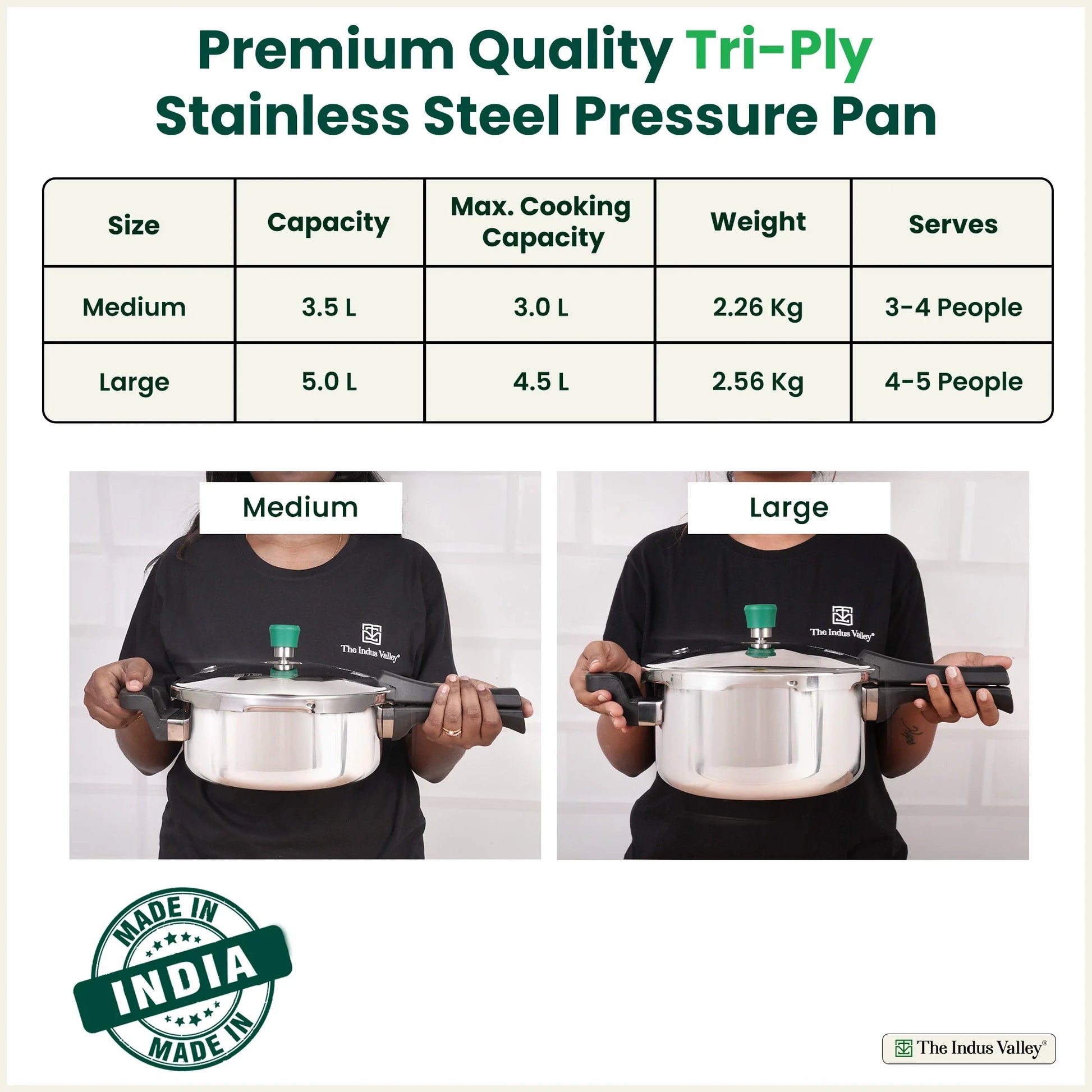 Tri-ply Stainless Steel Pressure Pan, Premium Quality, 3 Layer Thick Body, Heavy Bottom, 100% Food-safe, ISI Certified, Induction & Gas, 3.5/5L