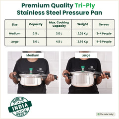 Tri-ply Stainless Steel Pressure Pan, Premium Quality, 3 Layer Thick Body, Heavy Bottom, 100% Food-safe, ISI Certified, Induction & Gas, 3.5/5L