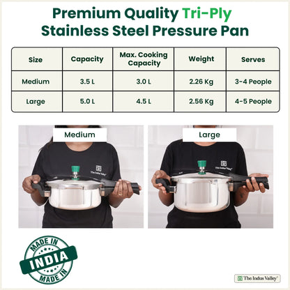 Tri-ply Stainless Steel Pressure Pan, Premium Quality, 3 Layer Thick Body, Heavy Bottom, 100% Food-safe, ISI Certified, Induction & Gas, 3.5/5L