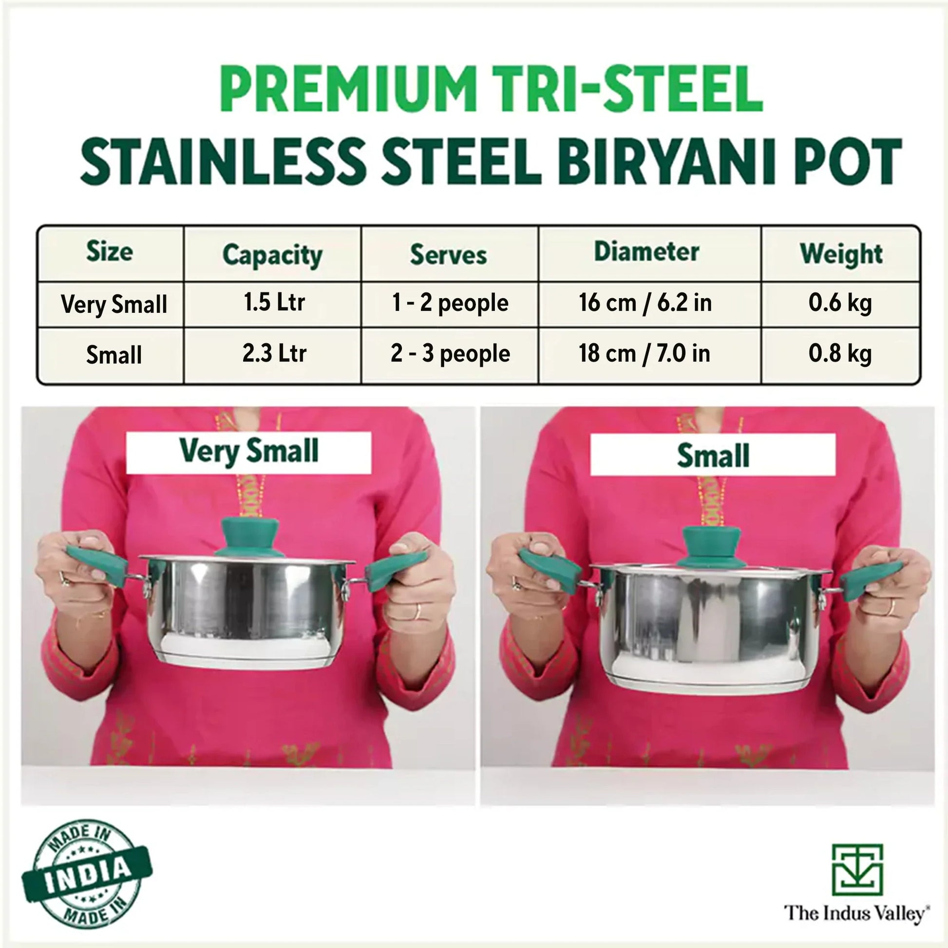 Tri-Steel Stainless Steel Biryani Pot+ Lid, Premium Quality, Tri-ply (3 Layer) Bottom, Soft-touch Handles, 100% Toxin-free, Non-stick, Induction & Gas, 1.5/2.3L, 16/18cm