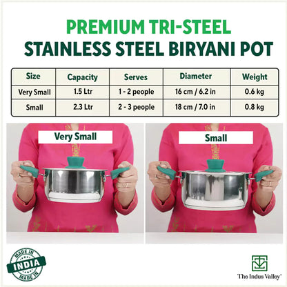Tri-Steel Stainless Steel Biryani Pot+ Lid, Premium Quality, Tri-ply (3 Layer) Bottom, Soft-touch Handles, 100% Toxin-free, Non-stick, Induction & Gas, 1.5/2.3L, 16/18cm