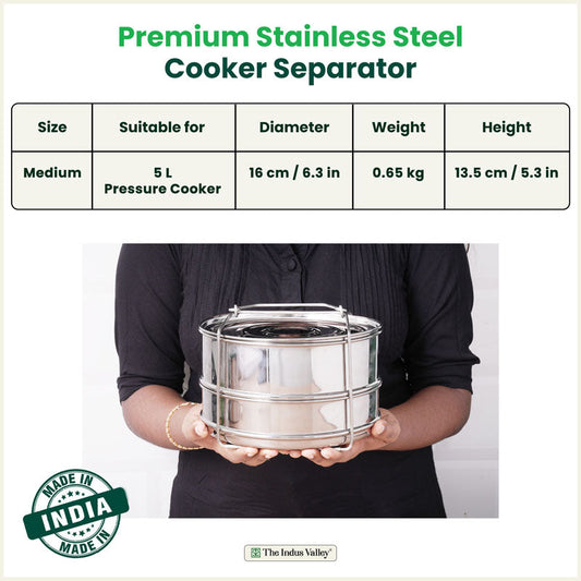 Stainless Steel Pressure Cooker Separator 2-tier Compatible with 5 Litres , Premium Quality, 100% Safe, 2 Containers With Lifter Stand, Stainless Steel