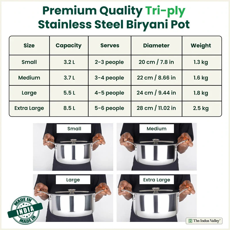 Tri-ply Stainless Steel Biryani Pot/ Casserole/ Sauce Pot with Steel Lid, Premium Quality, 3 Layer Thick Body, 100% Toxin-free, Non-stick, Induction & Gas 3.2L/3.7L/5.5L/8.5L