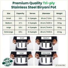 Tri-ply Stainless Steel Biryani Pot/ Casserole/ Sauce Pot with Steel Lid, Premium Quality, 3 Layer Thick Body, 100% Toxin-free, Non-stick, Induction & Gas 3.2L/3.7L/5.5L/8.5L
